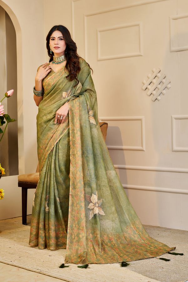 Olive Green Tissue Handloom Cotton Saree With Floral Prints