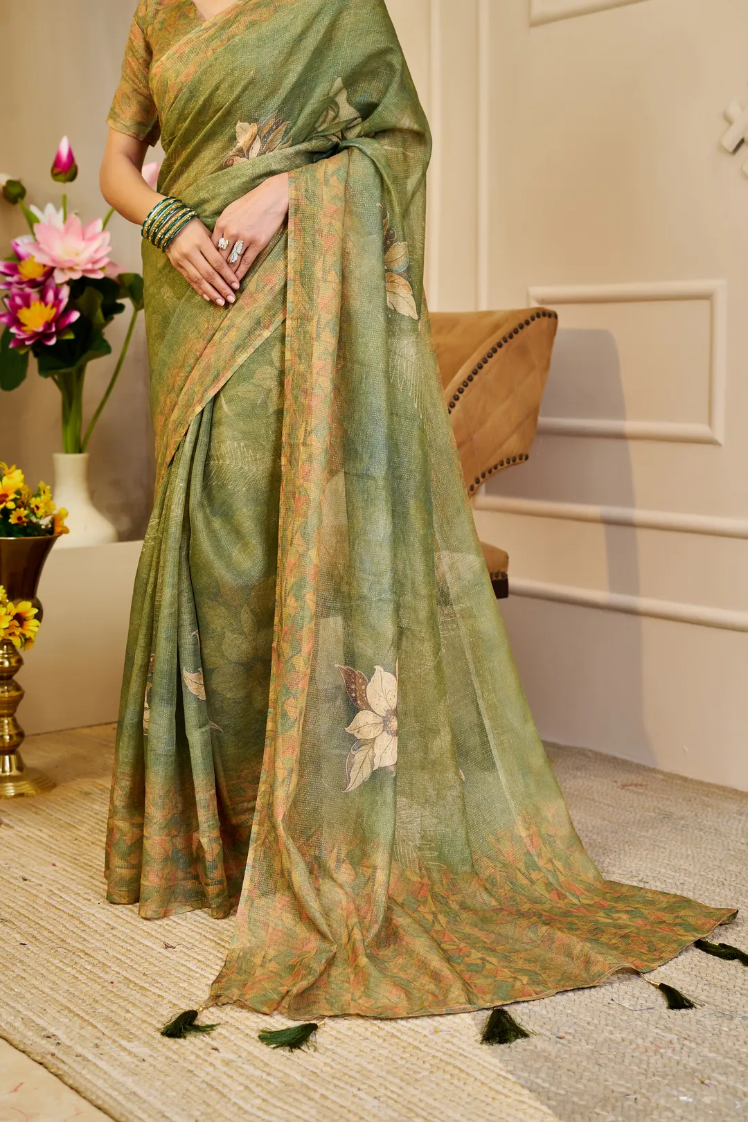 Olive Green Tissue Handloom Cotton Saree With Floral Prints