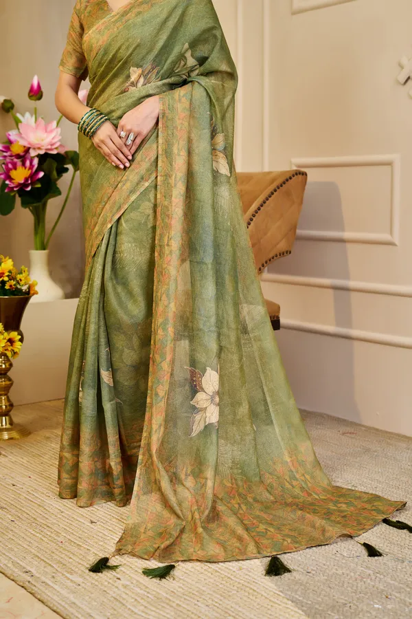 Olive Green Tissue Handloom Cotton Saree With Floral Prints