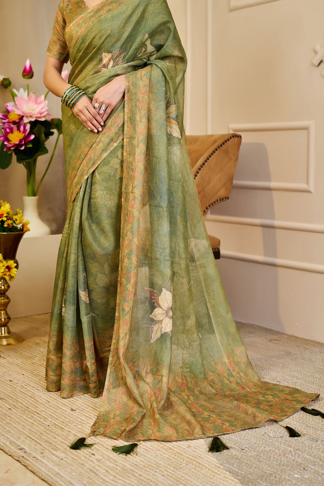 Olive Green Tissue Handloom Cotton Saree With Floral Prints