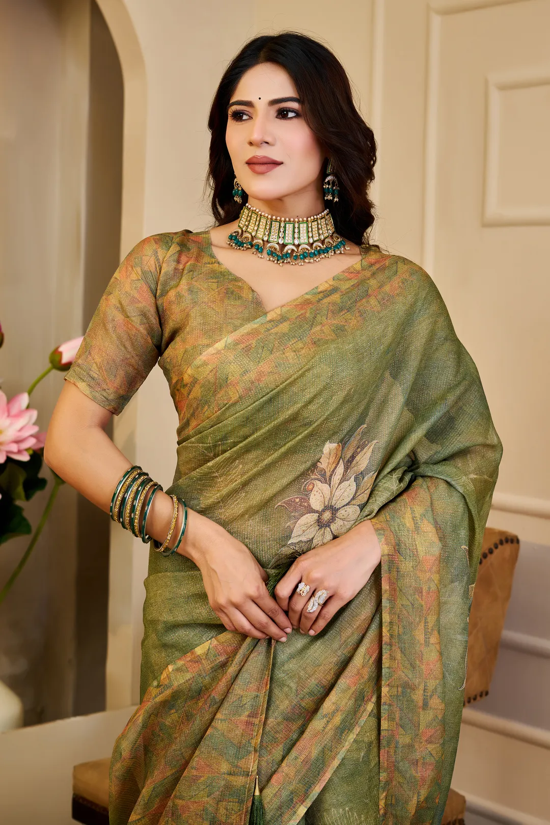 Olive Green Tissue Handloom Cotton Saree With Floral Prints