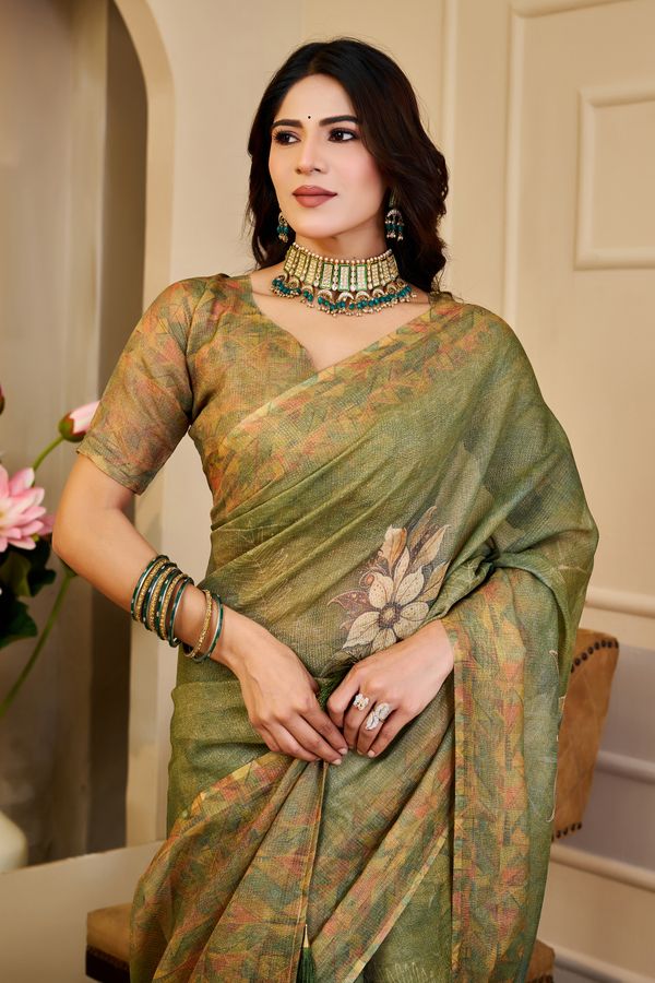 Olive Green Tissue Handloom Cotton Saree With Floral Prints