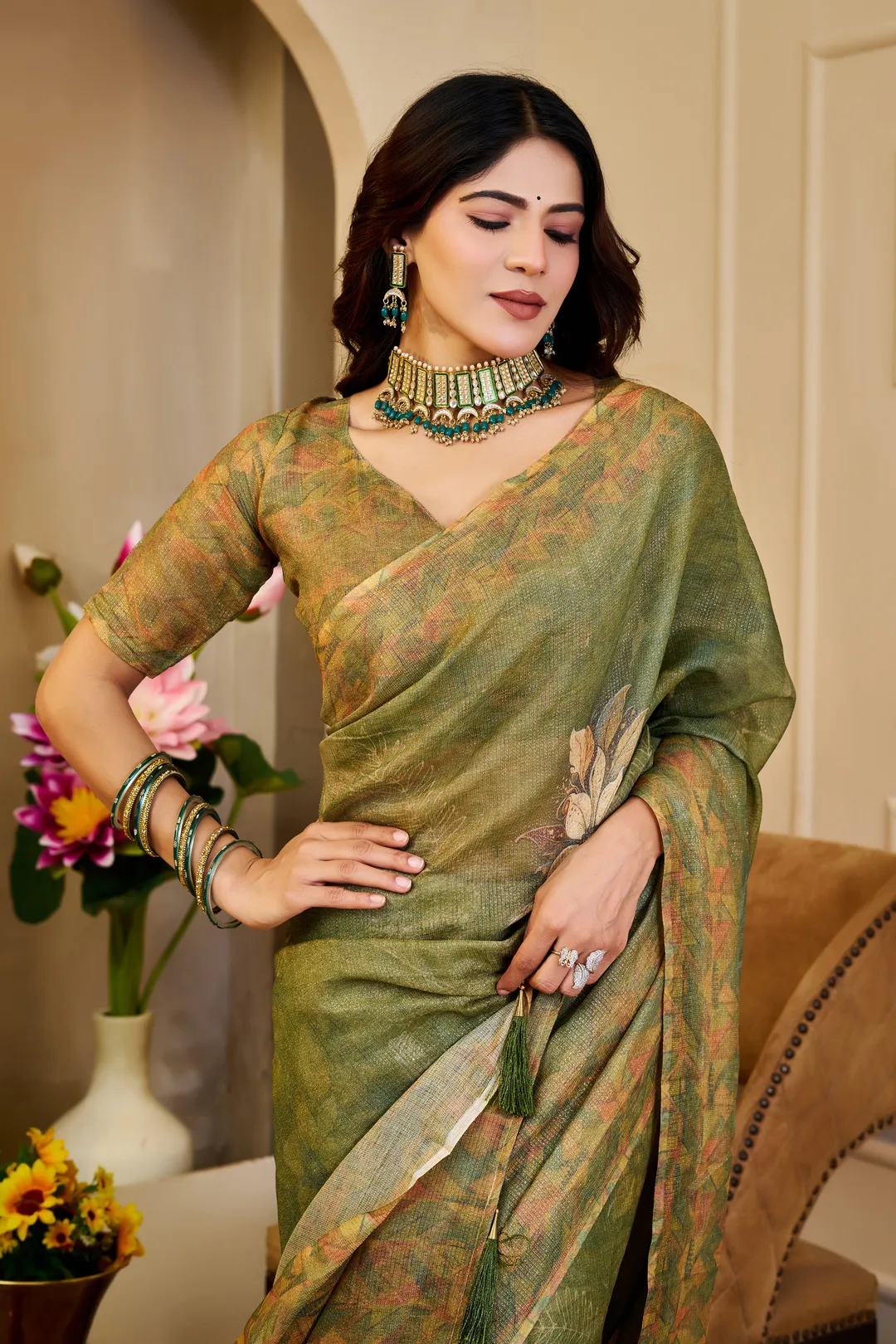 Olive Green Tissue Handloom Cotton Saree With Floral Prints