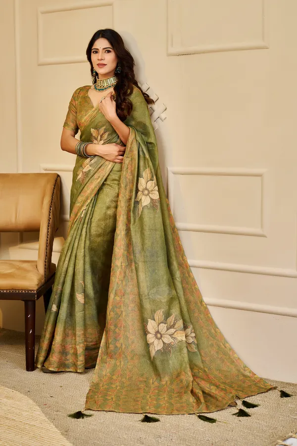 Olive Green Tissue Handloom Cotton Saree With Floral Prints