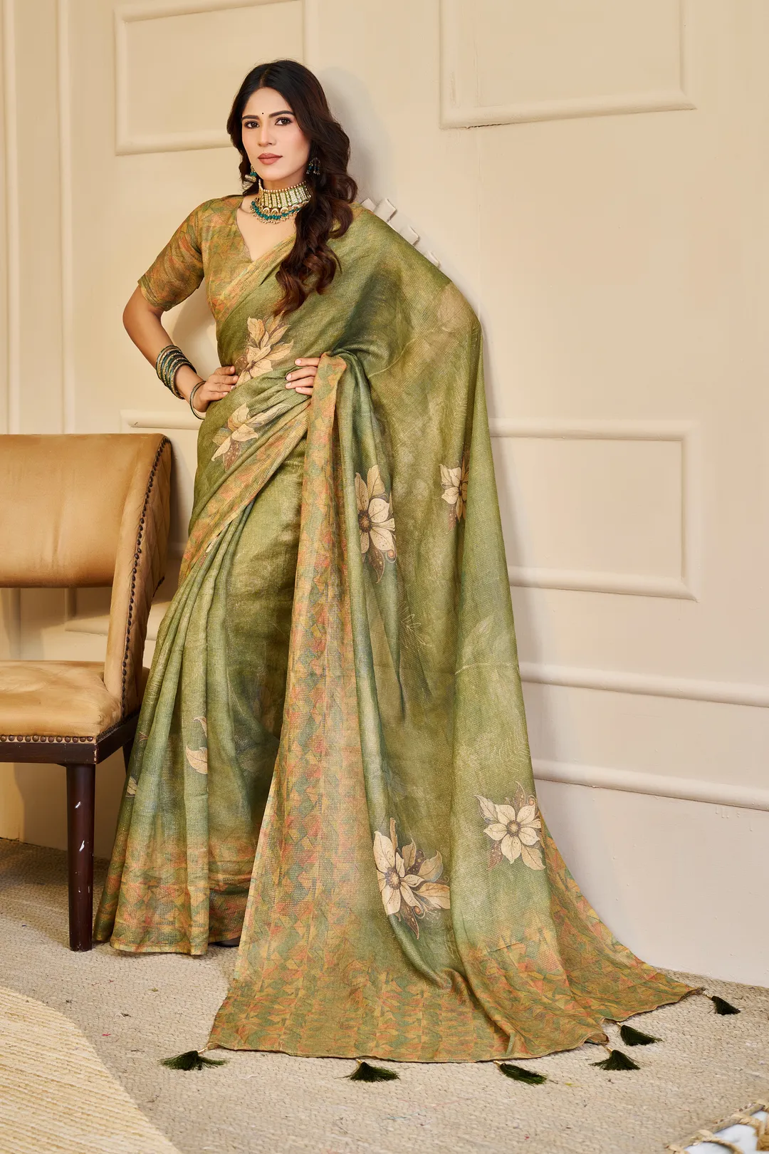 Olive Green Tissue Handloom Cotton Saree With Floral Prints