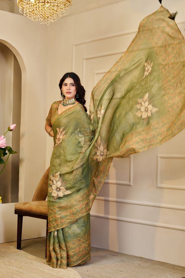 Olive Green Tissue Handloom Cotton Saree With Floral Prints