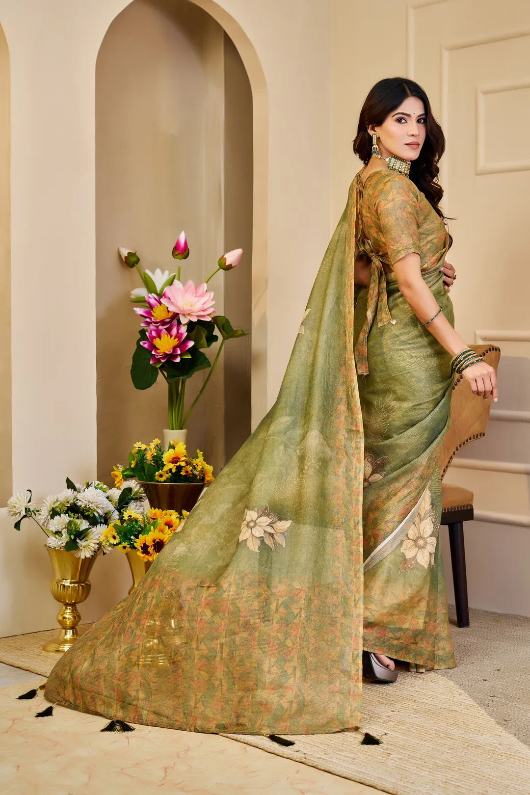 Olive Green Tissue Handloom Cotton Saree With Floral Prints