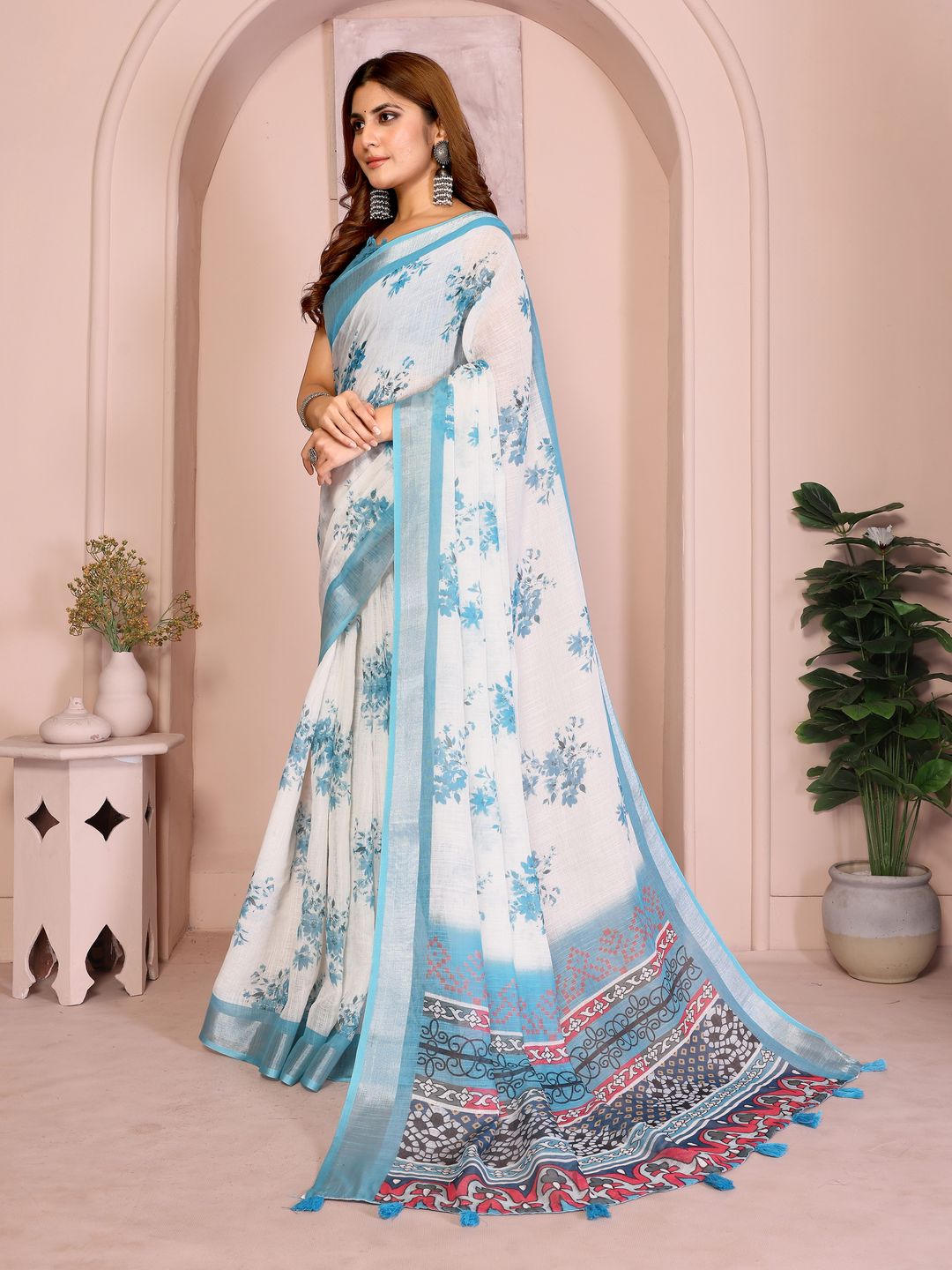 Cream & Blue Floral Linen Cotton Saree with Contrast Border