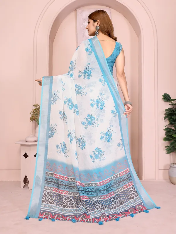 Cream & Blue Floral Linen Cotton Saree with Contrast Border