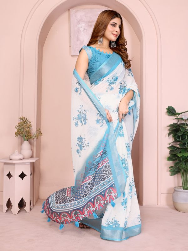 Cream & Blue Floral Linen Cotton Saree with Contrast Border