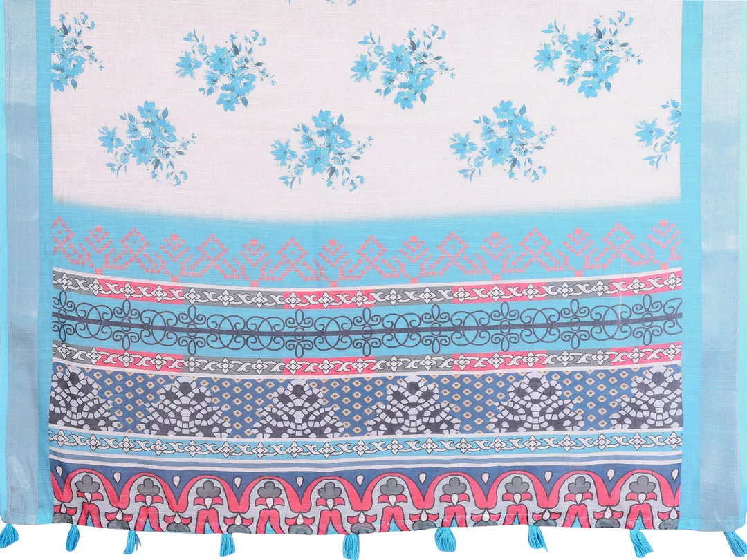 Cream & Blue Floral Linen Cotton Saree with Contrast Border