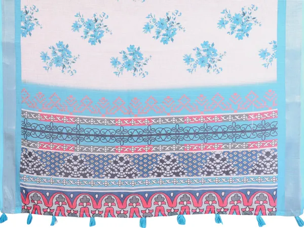Cream & Blue Floral Linen Cotton Saree with Contrast Border