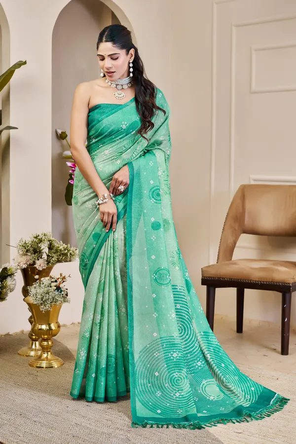 Sea Green Tissue Handloom Cotton Saree With Floral Patterns