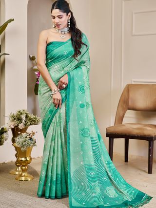 Sea Green Tissue Handloom Cotton Saree With Floral Patterns