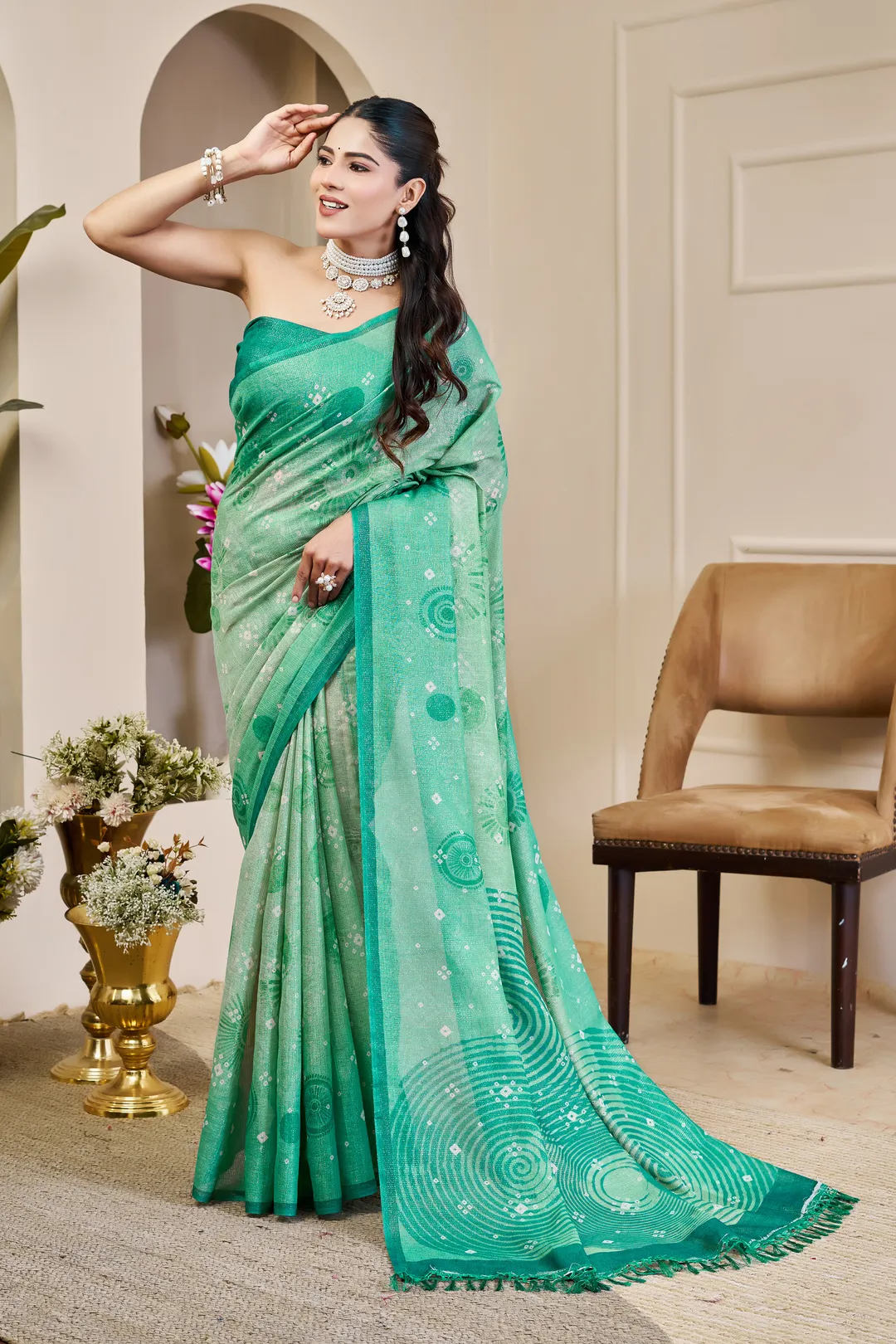 Sea Green Tissue Handloom Cotton Saree With Floral Patterns