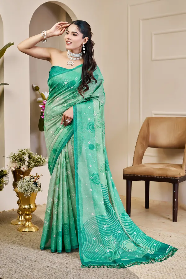 Sea Green Tissue Handloom Cotton Saree With Floral Patterns