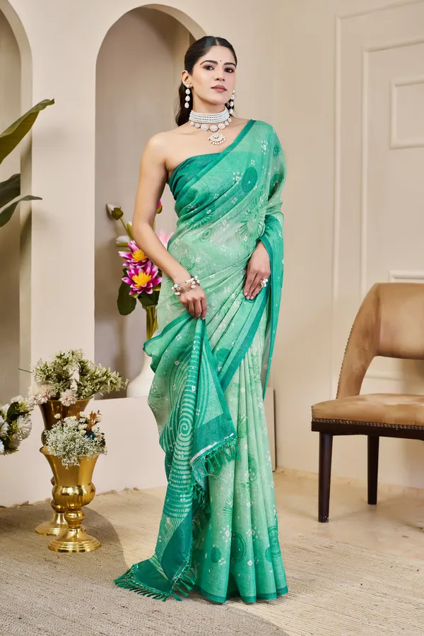 Sea Green Tissue Handloom Cotton Saree With Floral Patterns