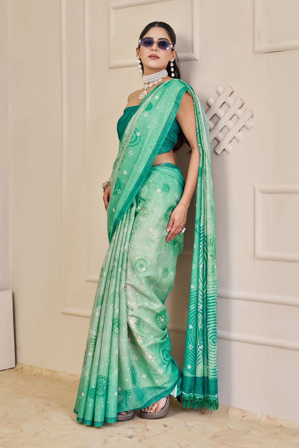Sea Green Tissue Handloom Cotton Saree With Floral Patterns