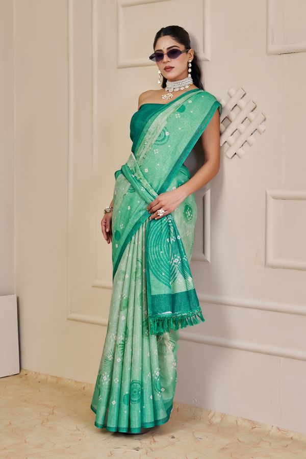 Sea Green Tissue Handloom Cotton Saree With Floral Patterns