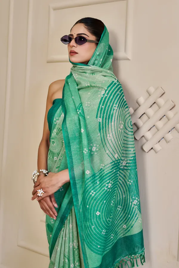 Sea Green Tissue Handloom Cotton Saree With Floral Patterns