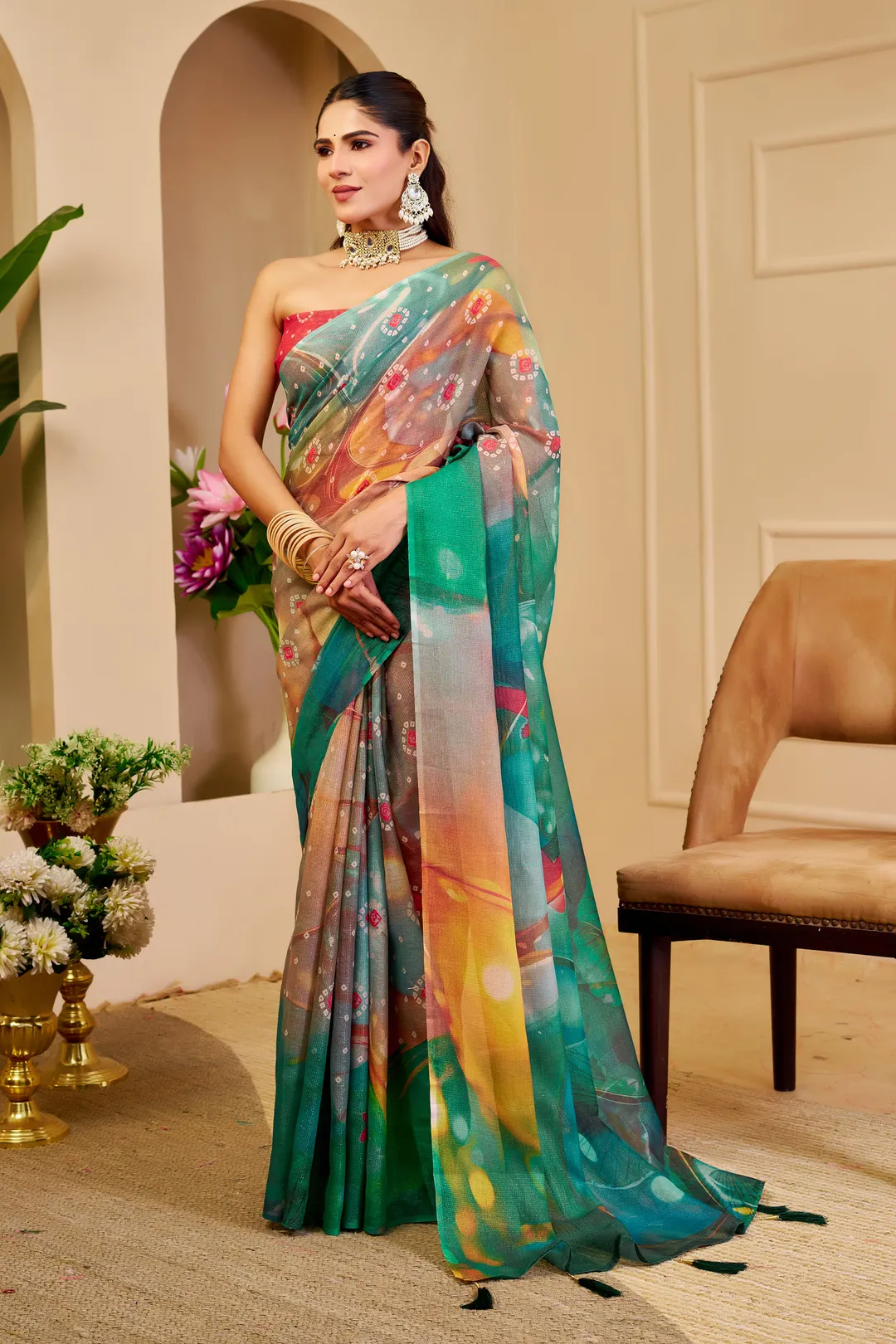 Emerald Green Tissue Cotton Saree With Digital Floral Print