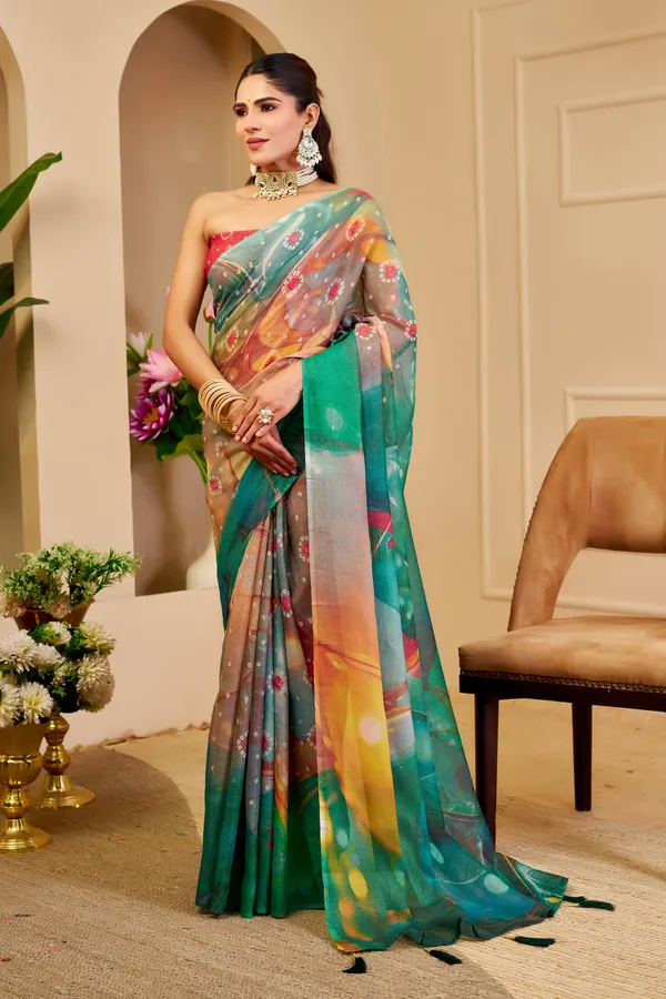 Emerald Green Tissue Cotton Saree With Digital Floral Print