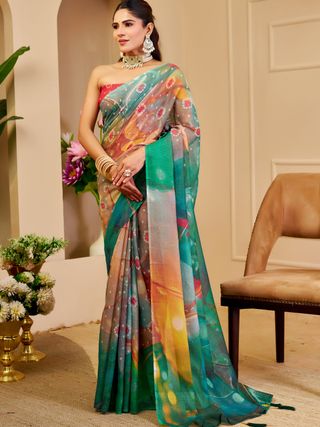 Emerald Green Tissue Cotton Saree With Digital Floral Print