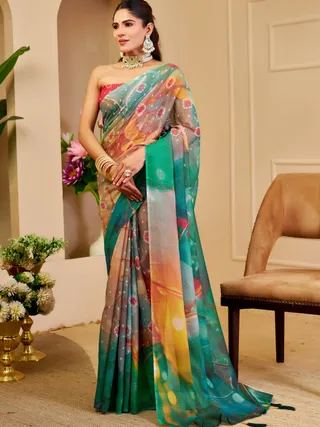 Emerald Green Tissue Cotton Saree With Digital Floral Print