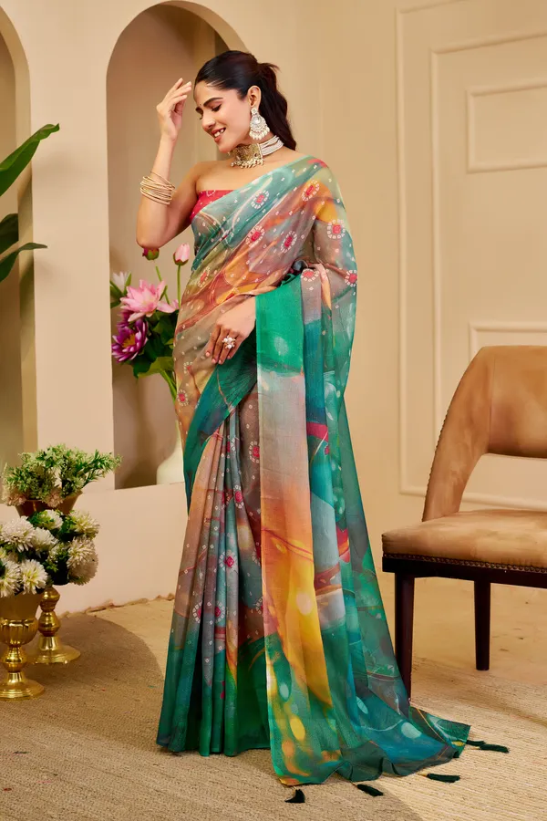 Emerald Green Tissue Cotton Saree With Digital Floral Print