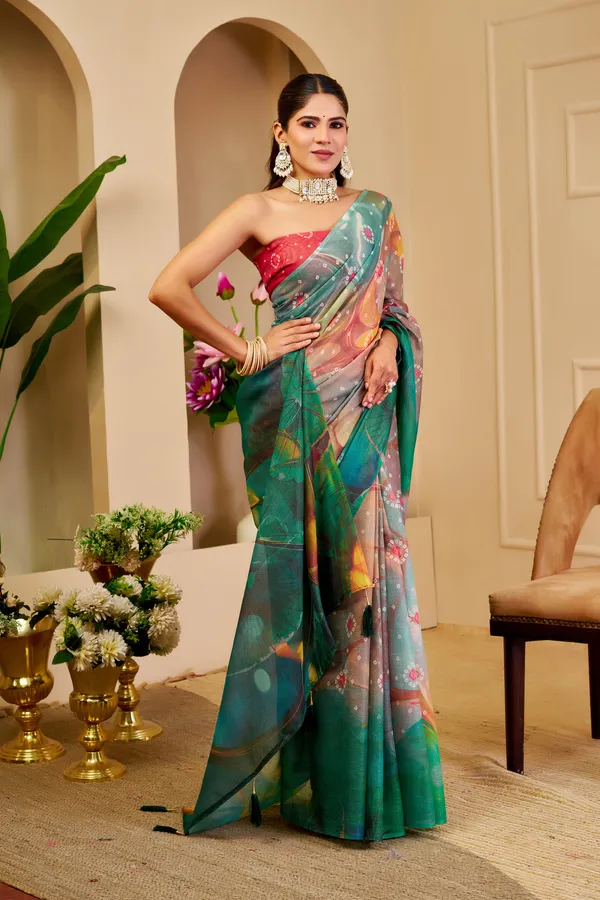 Emerald Green Tissue Cotton Saree With Digital Floral Print
