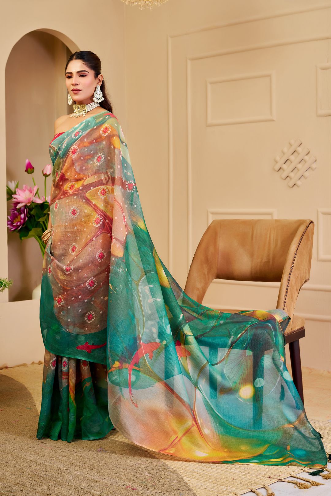 Emerald Green Tissue Cotton Saree With Digital Floral Print