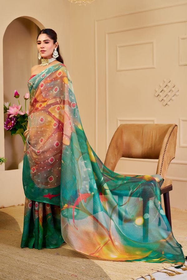Emerald Green Tissue Cotton Saree With Digital Floral Print