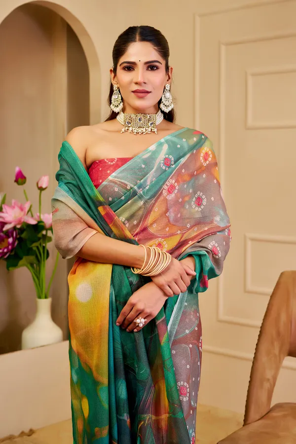 Emerald Green Tissue Cotton Saree With Digital Floral Print