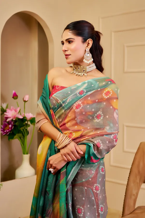 Emerald Green Tissue Cotton Saree With Digital Floral Print