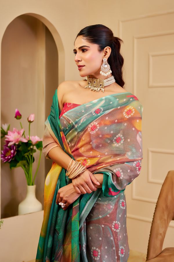 Emerald Green Tissue Cotton Saree With Digital Floral Print