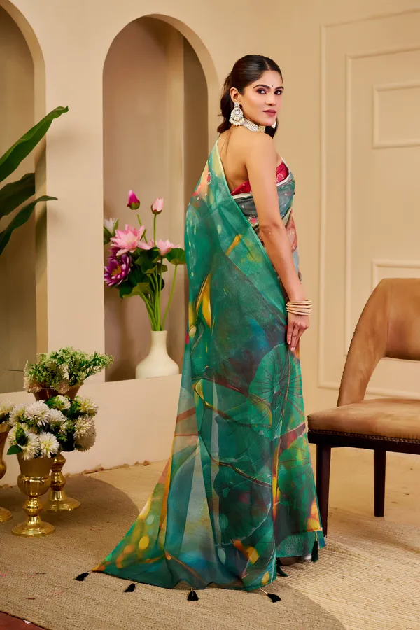 Emerald Green Tissue Cotton Saree With Digital Floral Print