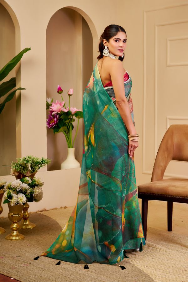 Emerald Green Tissue Cotton Saree With Digital Floral Print