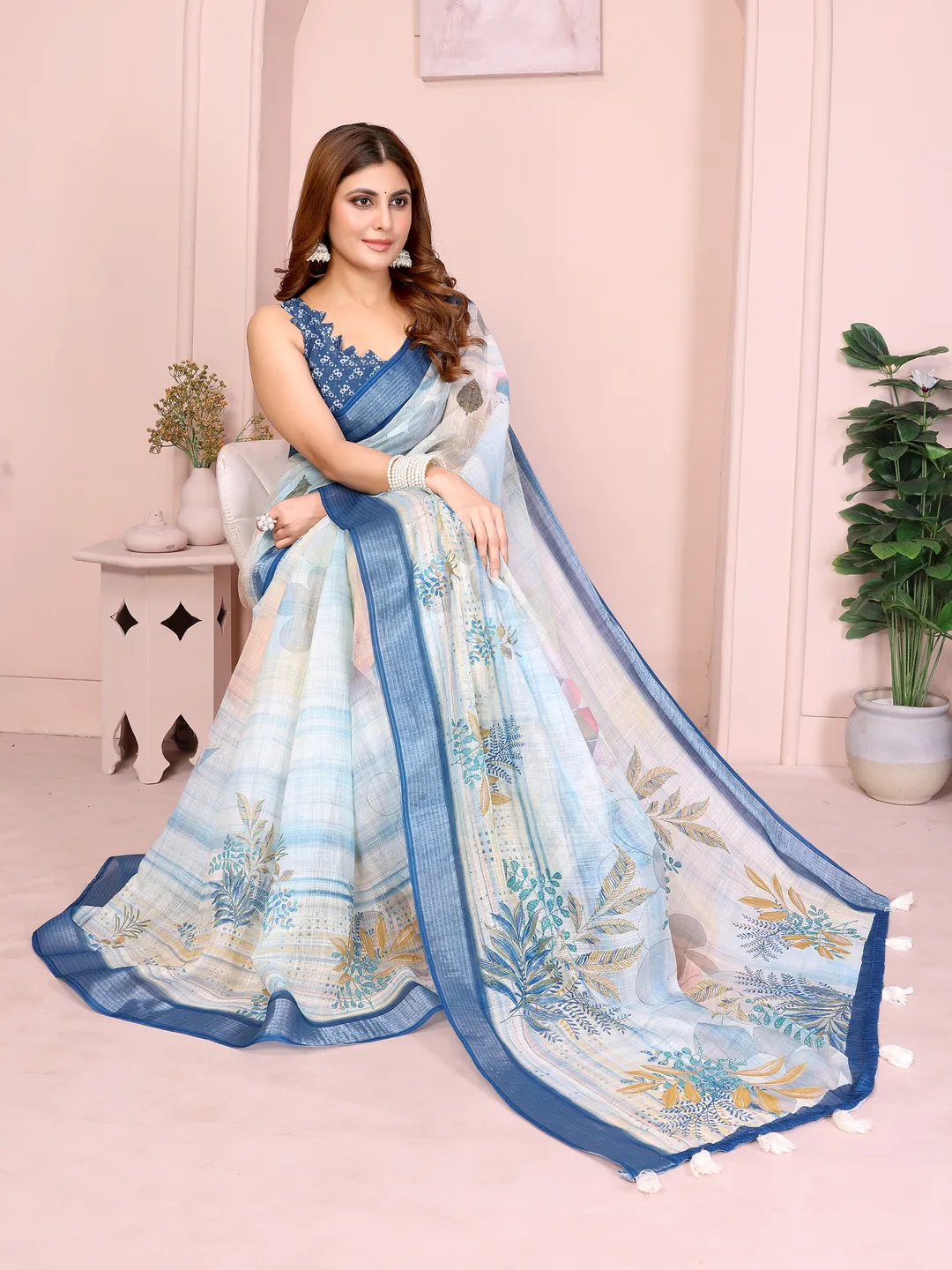 Cream & Blue Floral Linen Cotton Saree with Contrast Border