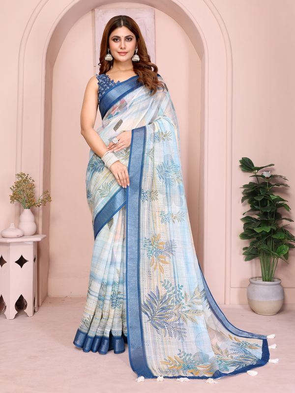 Cream & Blue Floral Linen Cotton Saree with Contrast Border