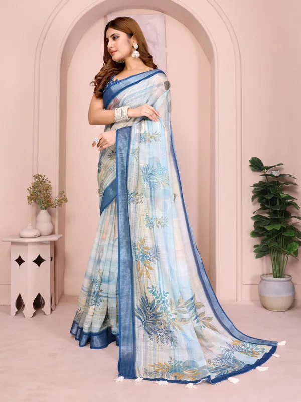 Cream & Blue Floral Linen Cotton Saree with Contrast Border