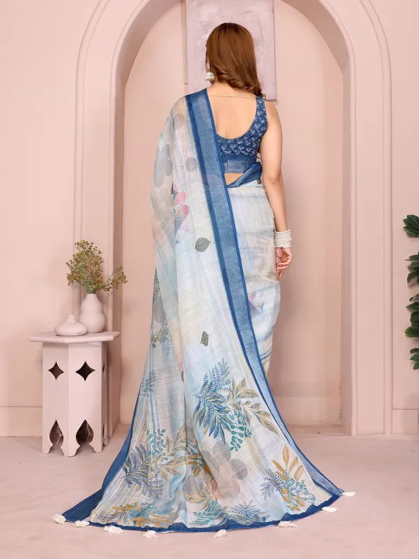 Cream & Blue Floral Linen Cotton Saree with Contrast Border