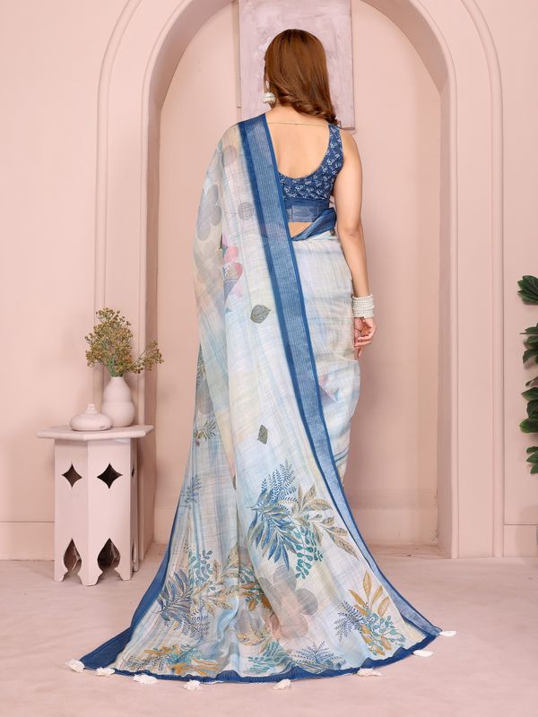 Cream & Blue Floral Linen Cotton Saree with Contrast Border