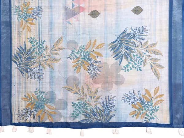 Cream & Blue Floral Linen Cotton Saree with Contrast Border