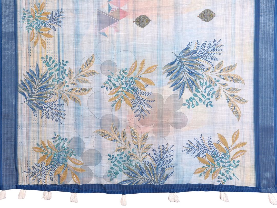 Cream & Blue Floral Linen Cotton Saree with Contrast Border