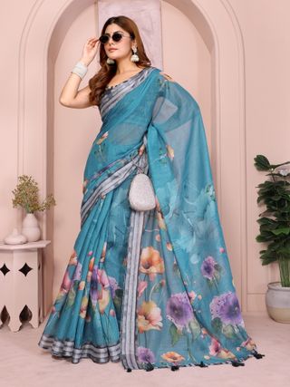 Teal Floral Linen Cotton Saree with Elegant Contrast Border