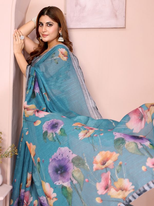 Teal Floral Linen Cotton Saree with Elegant Contrast Border
