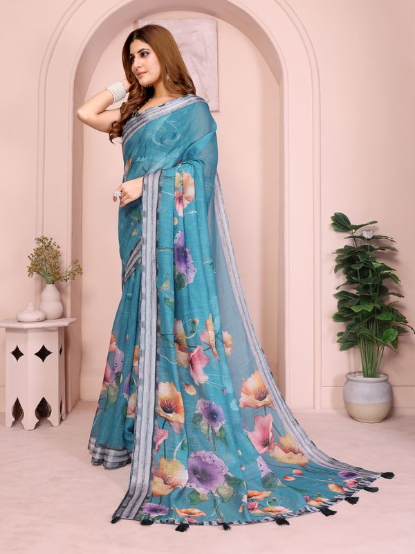 Teal Floral Linen Cotton Saree with Elegant Contrast Border