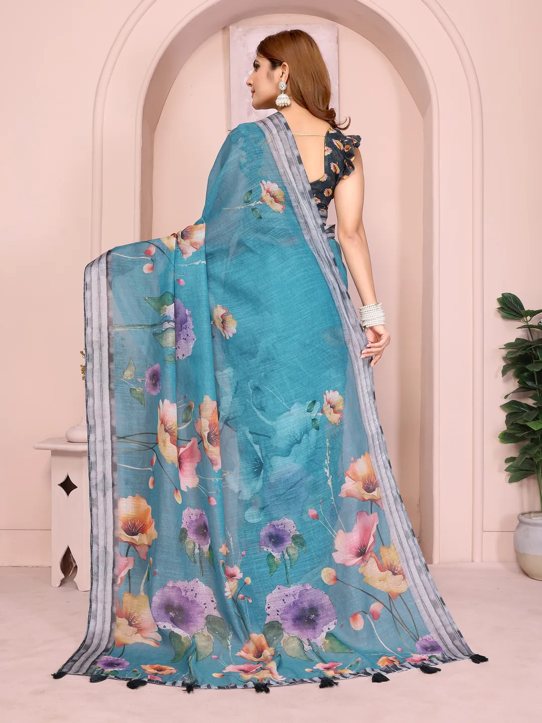 Teal Floral Linen Cotton Saree with Elegant Contrast Border