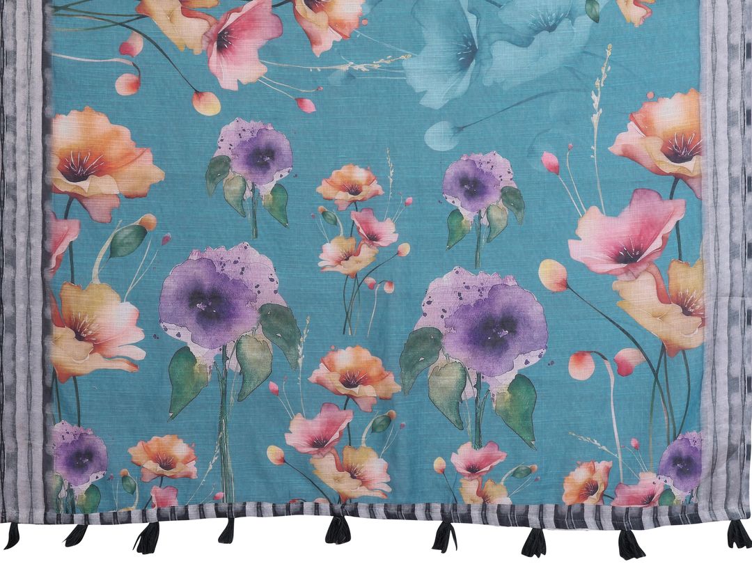 Teal Floral Linen Cotton Saree with Elegant Contrast Border