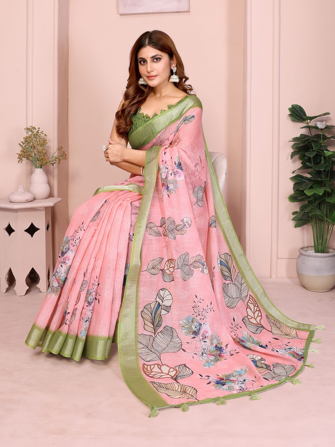 Pink Floral Linen Cotton Saree with Green Border for Ladies